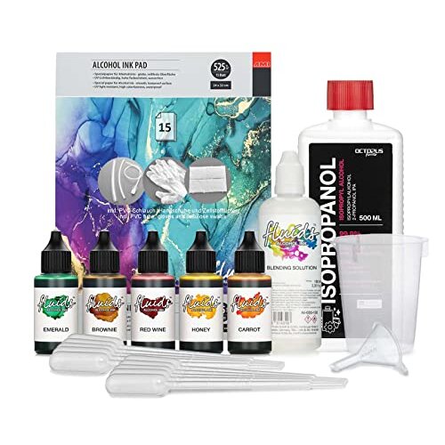 Octopus 5 x 30 ml Fluids Alcohol Ink Complete Kit LEAVES with Blending Solution, Alcohol Ink Paper and accessoreies for fluid art